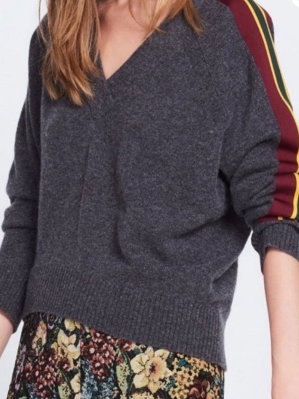 Sandro Paris Wool V-Neck Pullover Sweater Gray Stripe 3 M/L Preppy Chic Academia